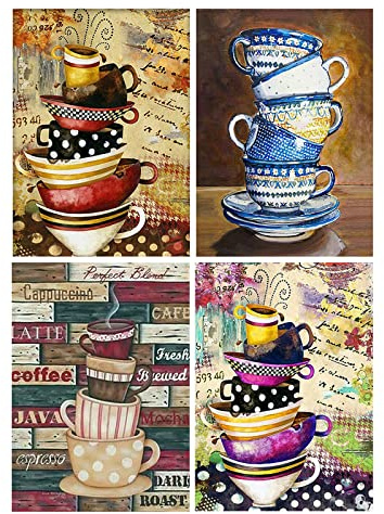 SHEGZHUC Diamond Painting Komplett-Set, 30 x 40 cm, 5D-Diamantmalerei, 4 Bilder, 5D-Kaffee, Diamant-Puzzle, Erwachsene, Kreuzstich, Küche, Frühstück