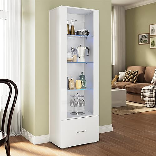 SUNXURY Glasvitrine mit Beleuchtung 55 x 35 x 172cm Vitrine mit Schublade und Offener Glasablage Modern Glasvitrine Stehend Hochglanz Weiß für Wohnzimmer