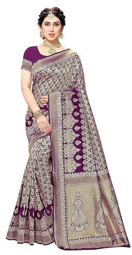 IMTRA FASHION Sari indien pour femme en tissu jacquard Banarasi avec chemisier non cousu, lilas, L