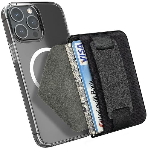 MyGadget Magnetische Magsafe Wallet - Kunstleder mit Kartenfach und Fingerhalterung - RFID Schutz kompatibel mit Apple iPhone 16 | 15 | 14 | 13 | 12 Series - Schwarz