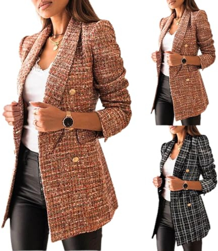 Damen Langarm Casual Blazer Arbeit Büro Knopf Open Front Jacke Reverskragen, Kariert Damen Offen Vorne Elegant Blazer Langarm Stehkragen Wärmen Long Tweed Anzug Jacke (01 Braun, L)