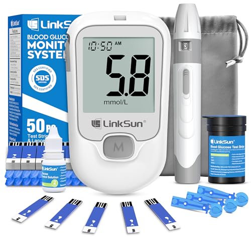 LinkSun G-425-1 Glucometro,Misuratore Glicemia con 50 Strisce Reattive, 50 lancette, 1 Misuratore Glicemico, 1 Pungidito, Senza Codifica, Glucosimetro per Uso Domestico, Risultati in mmol/L