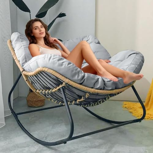 BYGSBKDP Giant Leisure Patio Rocking Chair for Adults, Comfy Wicker Papasan Chairs, Outdoor Egg Chair, with Soft Thick Cushio for Indoor, Grand, Patio, Living, Bedroom, Reading Room (Grey)