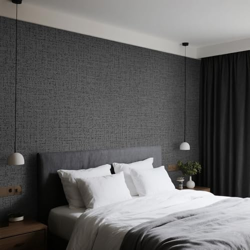 Tarwanear Dark Grey Wallpaper for Bedroom Black Grey Livingroom Wallpaper with Linen Textured Fabric Effect No Match Matte Plain Pattern Wall Paper for Adults Kids Teenager Room Feature Wall