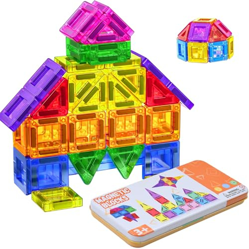 JASFLY 42 Piezas Bloques Magnéticos, Mini Bloques Magnéticos Portátiles, Azulejos Magnéticos para Juguete de Viaje Regalo Caja de Almacenamiento de Metal Niños y Niñas de 3 Años
