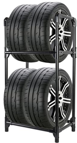 BAOYOUNI Reifenständer für 4 Reifen oder Felgen, 2 Ebenen Reifenregal aus Stahl, Platzsparend Lagerregal Stabil für Garage, Keller, Werkstatt, 57,2 x 37,3 x 114,6cm, Schwarz