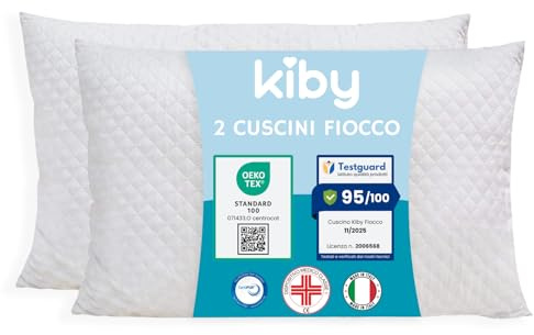 Kiby® Coppia Cuscini Letto Matrimoniale Guanciali per Dormire con Imbottitura in Fiocco, Supporto Collo e Spalle, Anallergico e Lavabile, Federa Traspirante (Certificato OEKO-TEX®)