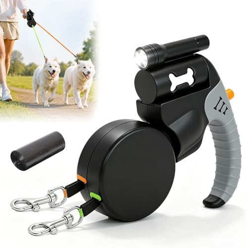 Dubbel hundkoppel, HOVCEH 3 m utdragbart koppel liten hund med ljus, 360° knutled Flexi hundkoppel med bajspåsar för små hundar upp till 10 kg