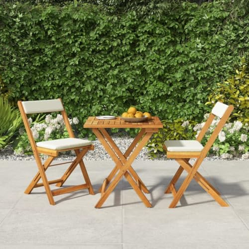 mzdioop Ensemble de bistro pliable 3 pièces avec coussins en bois d'acacia massif, 1 table de 60 x 60 x 73 cm, 2 chaises de 40 x 53 x 80 cm, pour terrasse, balcon, jardin, peu encombrant et robuste