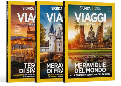 Pack storica speciale viaggi luoghi meravigliosi. Contiene 3 riviste: Viaggi Meravigli mondo, Meravigli Francia, Tesori España