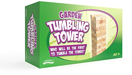 Traditional Wooden Garden Tumbling Tower Game – Classic Outdoor Family Fun, 56 Large Pine Blocks, 75cm Tall Tower, Ideal for Parties, BBQs, and Gatherings