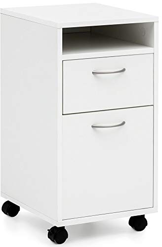 Wohnling Rollcontainer WL5.901 Weiß 33x63x38 cm Schreibtisch-Unterschrank Holz, Roll-Kommode Modern, Bürocontainer Schubladenschrank mit Tür, Kleiner Schreibtischschrank mit Rollen