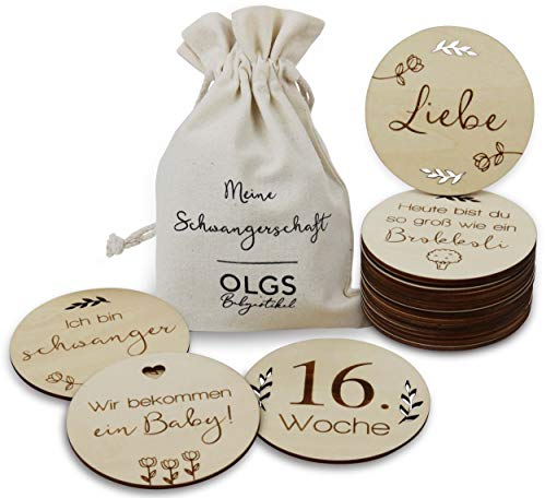 OLGS Holz Schwangerschaft Meilensteinkarten | 40 Meilensteine für werdende Mütter inkl. Stoffbeutel | Für Schwangere & Babybauch Fotos | 20 Holzscheiben Ø10cm
