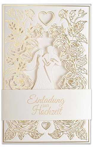 Art Nuvo 20 inviti di nozze, 130 x 205 mm, con inserti stampabili e buste per matrimoni, taglio laser, rifiniti con pellicola dorata. Motivo pressato con scritte incise ZAP_DE_09