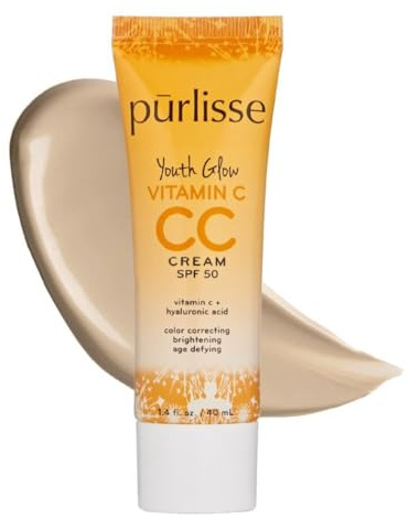 pūrlisse Youth Glow Vitamin C CC Cream with SPF 50 - Color Corrector Enriched with Sea Buckthorn, Vitamin C & Hyaluronic Acid - Boosts Radiance & Youthfulness - Paraben-Free - Light (1.4 oz)