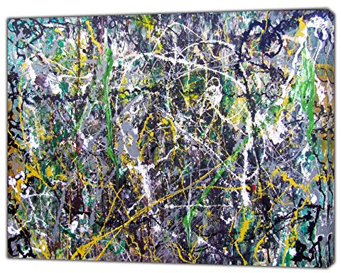 Jackson Pollock Style Greengrey - Cuadro de pintura al óleo abstracta sobre lienzo enmarcado (60 x 40 cm) - 18 mm de profundidad
