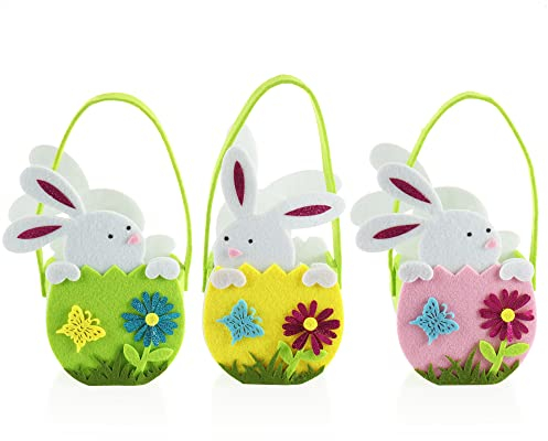 COM-FOUR® 3x Panier de pâques avec lapin - panier de pâque en feutre à remplir - sac en feutre lapin de pâques à offrir (03 paniers - lapin blanc)