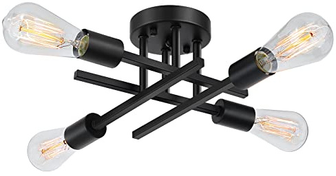SunRider Industrial 4-Light Semi Flush Mount Ceiling Light Fixture, Modern Farmhouse Lights Matte Black, Rustic Sputnik Chandelier for Bedroom Foyer