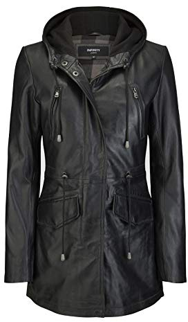 TruClothing Womens Real Leather Parker Coat 3/4 Hooded Safari Duffle Jacket Black Soft - Black XXL