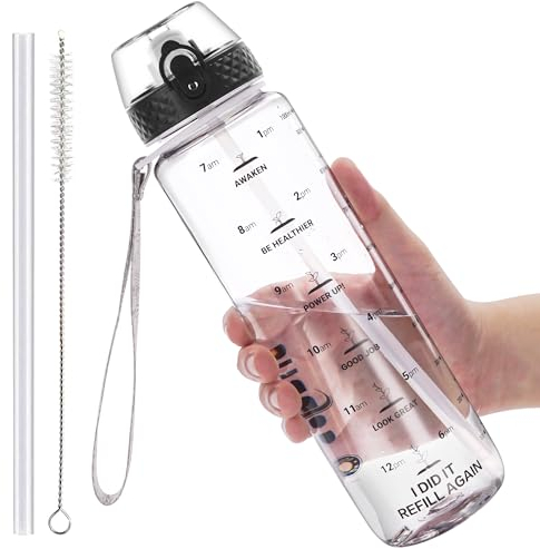 GOPPUS 1L/32oz Bouteille d'eau avec paille Motivational Étanche Boissons Bouteille avec marquages de l'heure Tritan Bouteille de Sport pour l'école de Gym Grande bouteille d'eau pour Adulte Sans BPA