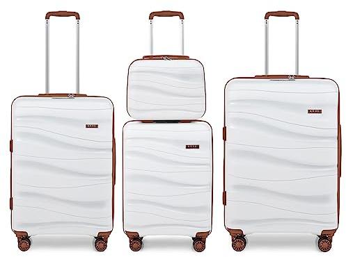Kono Luggage Sets of 4 Piece Lightweight Polypropylene Hard Shell Suitcase with TSA Lock Spinner Wheels 20 24 28 Travel Trolley Case + 14 Beauty Case (Set of 4, Cream)