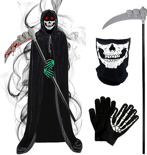 Hukermoon Déguisement Halloween Faucheuse Enfants Cape à Capuche Noire, Robe Costume Déguisement pour Enfants avec Masque Crâne, Gants Faux pour Carnaval Cosplay Party