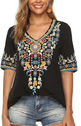 Draklook Donne Camicetta da Ricamo Bohemian Autunno Tunica Ricamo Folklore Tops Camicia Scollo a V Estate Tunica Camicette Boho Hippie Manica Corta Loose Top（442 Nero M）