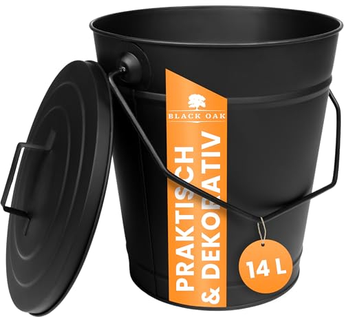 BLACK OAK Secchio per cenere ETNA 14 l, nero con coperchio, grande, 14 litri, in acciaio zincato a prova di fuoco, verniciato a polvere, cenere e carbone, accessorio ideale per camino, stufa a legna