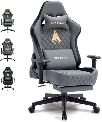 Symino Gaming Stuhl - Ergonomischer Bürostuhl im Racing Style, 200kg Belastbarkeit, verstellbare Armlehnen, Vintage PU Leder, Gaming Chair mit Fußstütze (Grau)