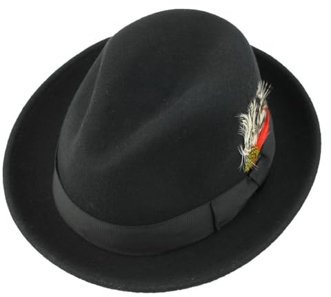 Xposed Men’s 100% Pure Wool Felt C Crown Trilby Hat with Feather Crushable Packable Curved Wide Brim Size L Black