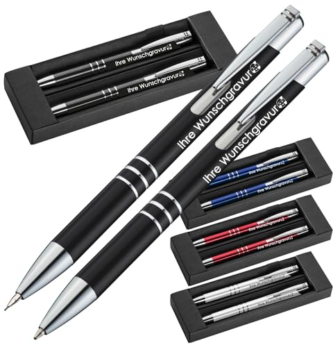 Juwelier Schönschmied Schreibset Mit Kugelschreiber & Druckbleistift Aus Metall Mit Gravur | Blau Schreibend | Personalisierte Kullis | Gravierter Name (1) Schwarz