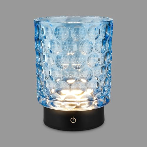BRILONER - LED Tischlampe kabellos IP44 mit Glaskorpus, Touchdimmbar in Stufen, Akku & Lichtquelle tauschbar, Nachttischlampe, Dekolampe, Akku Tischleuchte, Wohnzimmer, Kinderzimmer, 15x11 cm, Blau