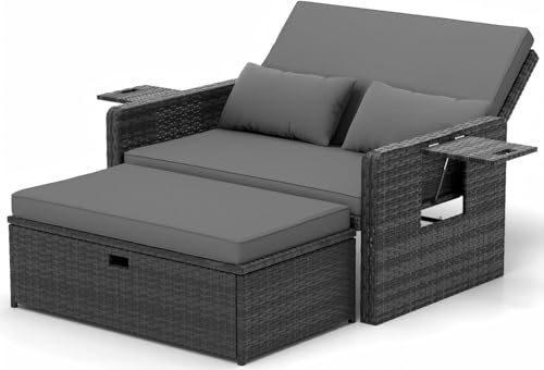 UDPATIO Garden Patio Rattan Daybed, Rattan Bed Sun Lounger with Storage Ottoman & Retractable Side Tray,5-Level Adjustable Backrest,Seat & Back Cushion Included, Grey-Mottled & Grey Cushions Covers