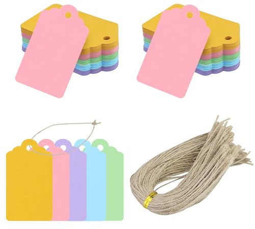 Etiquetas de regalo de papel de estraza 7 x 4 cm, 150 etiquetas y 150 unidades de cuerda de yute, para manualidades, Navidad, bodas, regalos (5 colores)