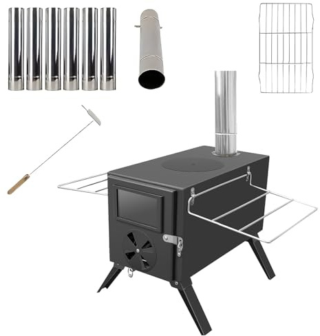 Poêle de Camping, Réchaud à Bois Pliable et Portable Poêle à Bois de Camping en Plein Cuisinière de Tente avec Tuyaux de Cheminée pour Camping, Cuisine, Barbecue, Randonnée, Pêche