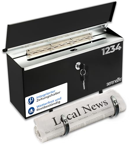 SereneLife Outdoor Wall Mailbox & Newspaper Holder | 0.24 FT Cubic Mailbox | Easy Installation, Secure Lock Mechanism | Ideal for Residential or Commercial Use | Wall Mountable | 15x3x11 in | Black