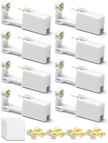 Yiorxu 8pcs Ear Piercing Gun Kit,Pain-Free Disposable Sterile Self Piercing Kit Set with 8 Medical Grade Studs Earrings Silver/Gold & Wipes for Teens,Women Men Girls Boys & Home Use