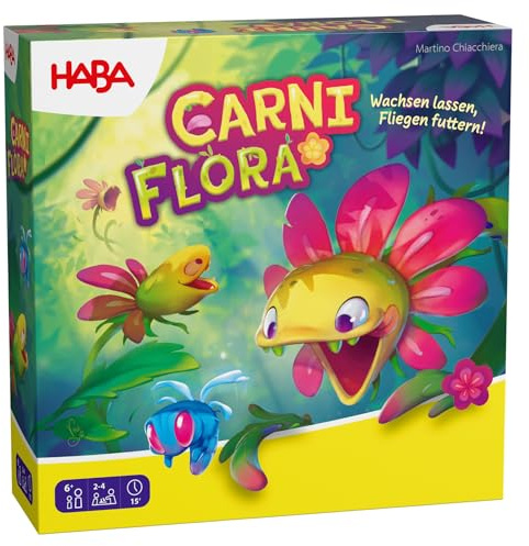 HABA Carni Flora – Wachsen Lassen, Fliegen futtern! – Kinderspiel für 2–4 Spieler ab 6 Jahren, strategisches Legespiel mit Pflanzen – 2012211001