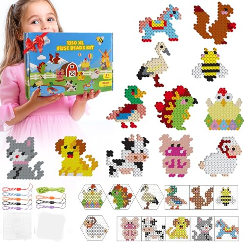 Juego de cuentas grandes de 10 mm, 21 colores, 1350 unidades XL con 2 placas de conexión, 12 patrones de animales de granja, 8 cordones y 5 papel de planchado, perlas creativas, regalo para niños a