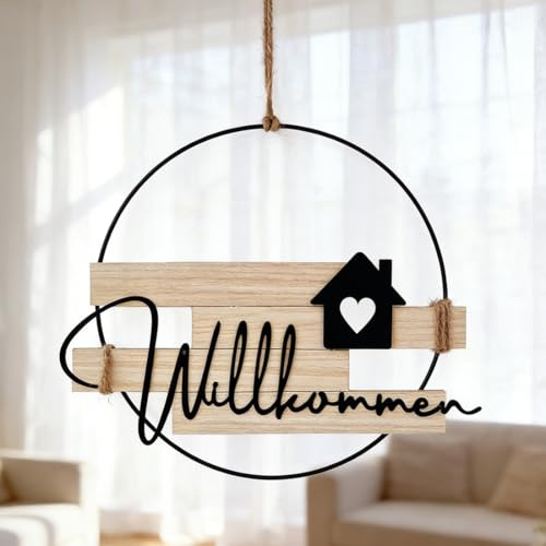 WRQIOO 30 cm Türkranz Willkommen, Türkranz Ganzjährig, Metall Türschild Willkommen, Herzlich Willkom-Men Schild, Türdeko Haustür für Haustür, Eingang, Garten, Frühling, Sommer, Herbst, Winter