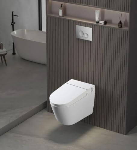 Japansk vit upphängd toalett med W220-ram | Täckt öppning/stängning och fotsensor | Personlig hygien med vattenstråle och varmlufttorkning.