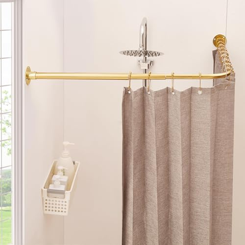 Asta per tenda da doccia a forma di L, asta curva per tenda da doccia, 62-122 cm x 62-122 cm, asta telescopica per vasca da bagno, in acciaio inox, con 12 ganci ad anello e supporto a soffitto (oro)