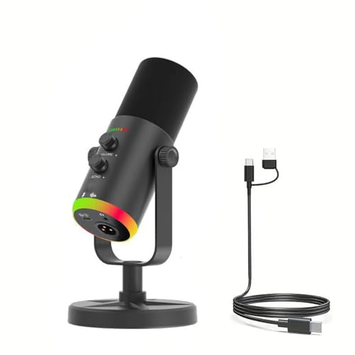 Denash USB-kondensator Dynamisk Mikrofon, Studio Grade Audio Clarity med Pekknapp och Vridknappar, ENC Brusreducering, RGB-belysning för Inspelning Av Strömmande Spel (BLACK)