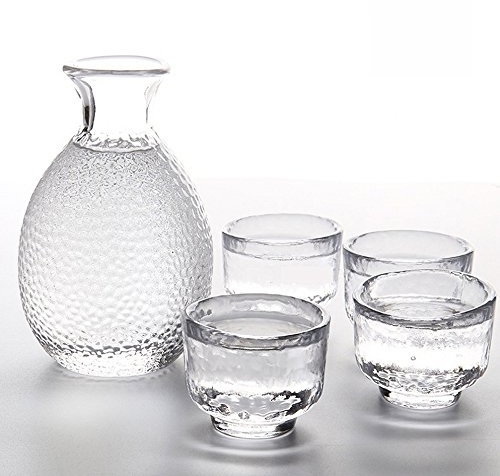 TAMUME Verre Saké Ensemble de 5 Pièces, 300ml Bouteille de Saké et 4 Coupes de saké (40ml chacun), Ensemble de Verre à Vin pour Service de Saké Chaud/Froid, Ensemble de Saké en Verre Japonais