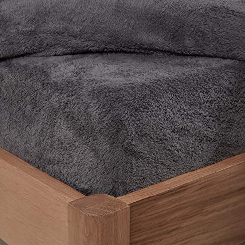 Brentfords Teddy Fleece Fitted Sheet, Gifts for Women Men Soft Warm Single Fitted Sheet Thermal Luxury Winter Teddy Bear Bedding Bed Cover Easy to Use Fit, Charcoal Grey