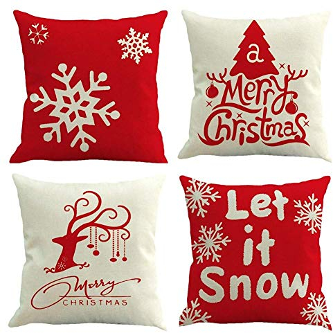 Gspirit 4 Stück Kissenbezug Frohe Weihnachten Dekorative Kissenhülle Winter Schneeflocke Elk Weihnachtsbaum Muster Baumwolle Leinen Werfen Sie Kissenbezüge 45x45 cm