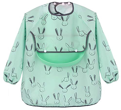 Discoball Long Sleeve Baby Bibs - Waterproof Feeding Bibs Painting Apron Bibs with Detachable Silicone Pocket, Unisex Baby Dribble Bibs for Infant Toddler 6 Months to 3 Years Old