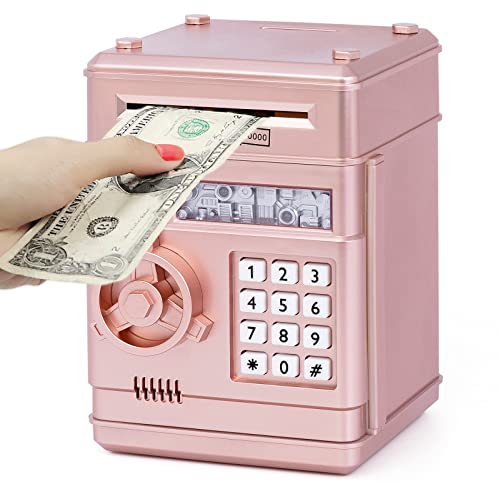 Highttoy Piggy Banks for Kids Age 3-12, ATM Password Money Box for Kids Electronic Cash Coin Savings Box Toys Gifts for 3 4 5 6 7 8-12 Year Old Boys Girls, Rose Gold