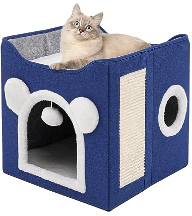 Cat House for Indoor Pets, Foldable Cat Bed Cave with Scratch Pad, Fluffy Ball, Washable Cushion, Large Cat Condo for All Seasons(blue)