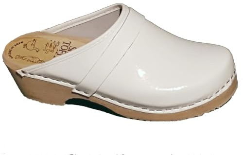 Zoccoli Pelle e Legno Suola Morbida PU, Vernice Bianco, Vernice bianca, 40 EU